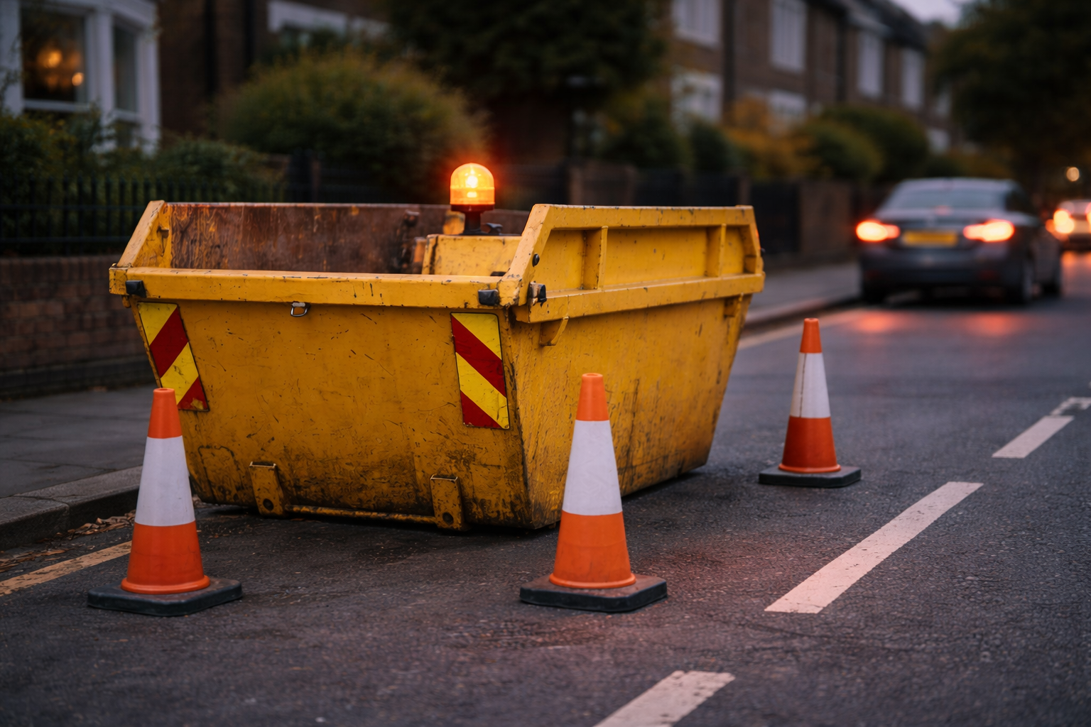 Skip with safety lights and reflective markings on UK road at dusk for visibility compliance