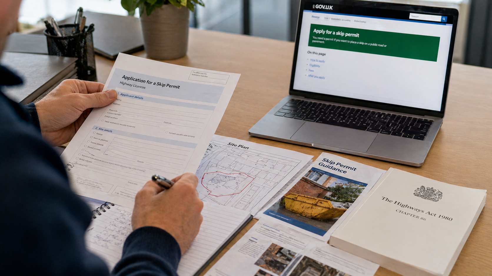 Person reviewing UK skip permit regulations and legal documents on a desk with a laptop 