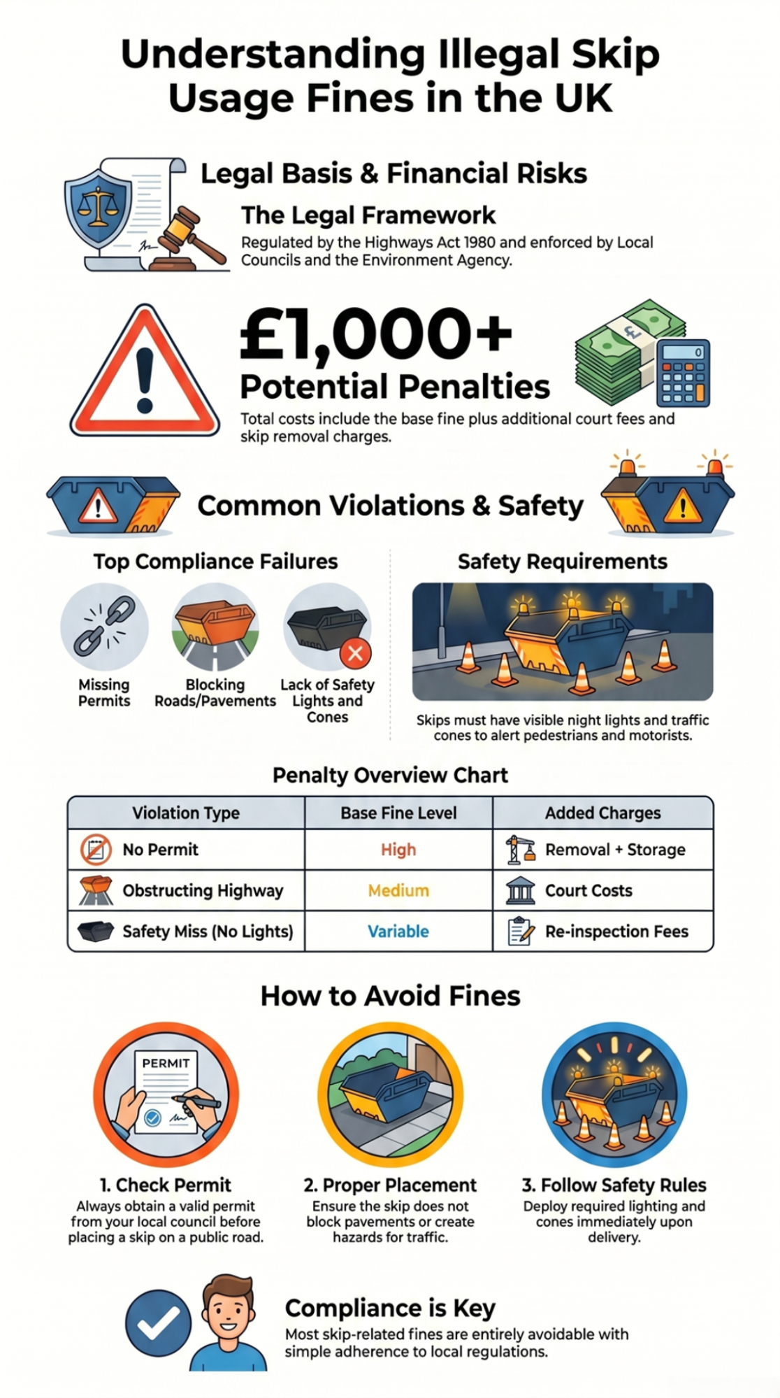 Infographic explaining UK illegal skip usage fines, common violations, penalty levels, safety requirements, and steps to avoid fines.