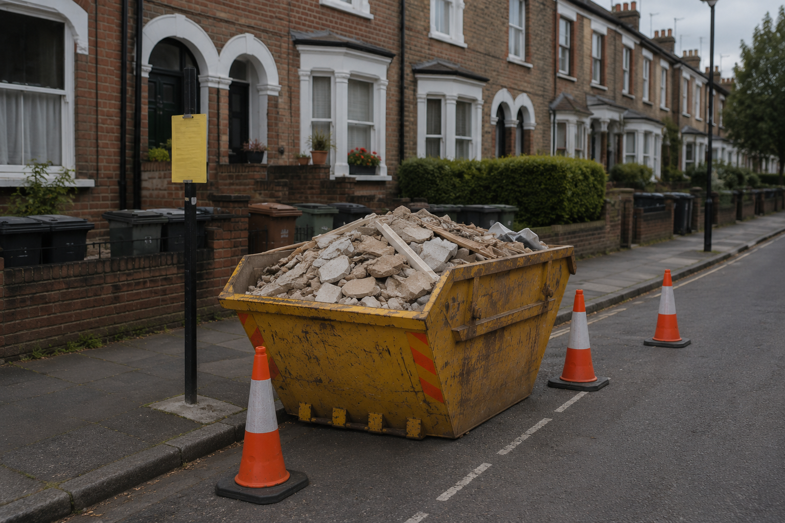 Roadside skip hire in the UK requiring council permit and safe placement