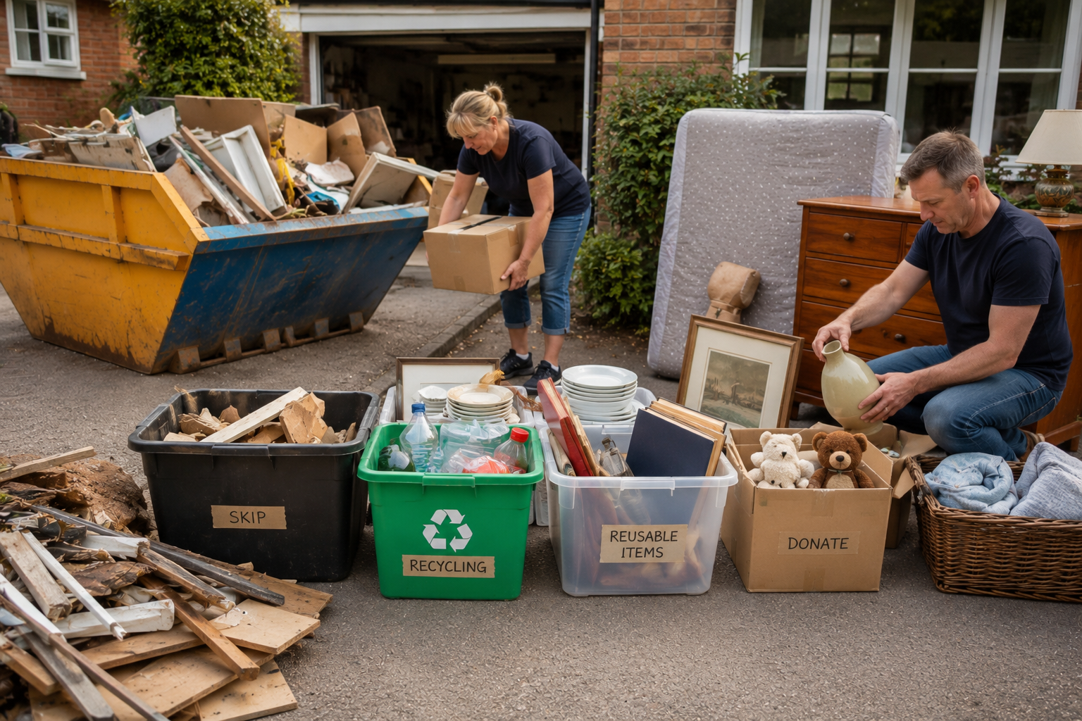 Person sorting household waste to reduce skip hire costs before disposal