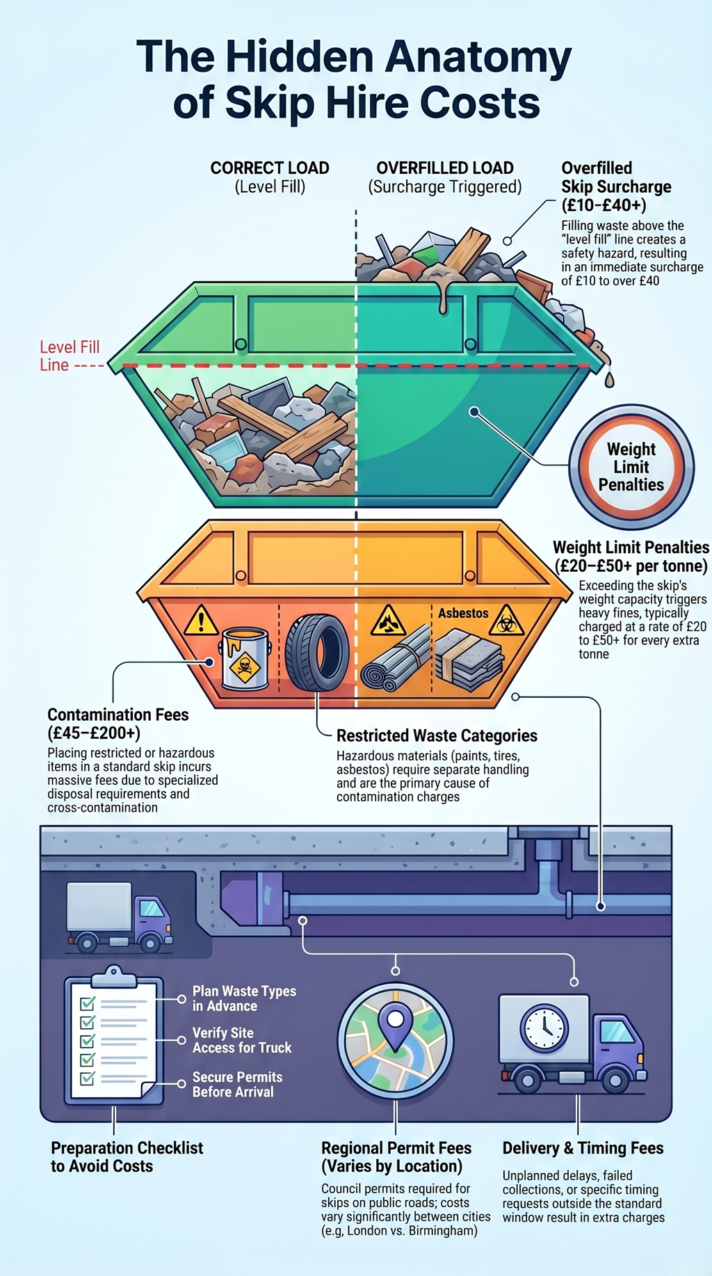 Infographic showing hidden skip hire costs, overfilled skip fees, restricted waste, permits, and delivery charges. There are also simple alternatives we can use to reduce skip hire costs even further.