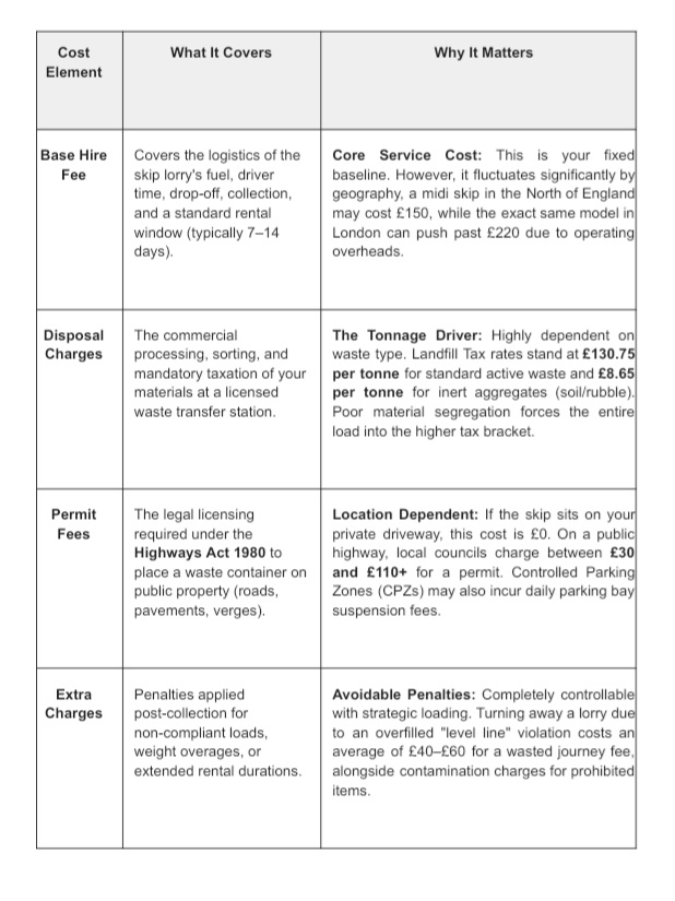 Table explaining skip hire cost elements, including base hire fees, disposal charges, permit fees, and extra charges with reasons they affect total costs.
