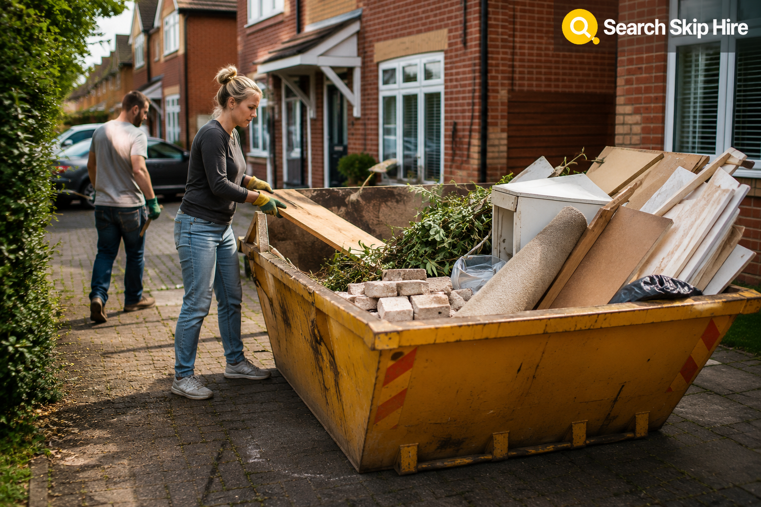 Domestic skip outside a UK home used for renovation and household waste removal