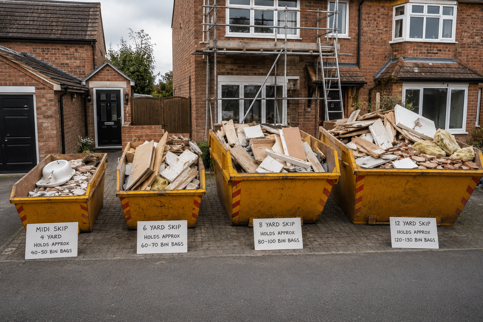 Different skip sizes for UK home renovation projects including midi, 6 yard, 8 yard, and 12 yard skips.