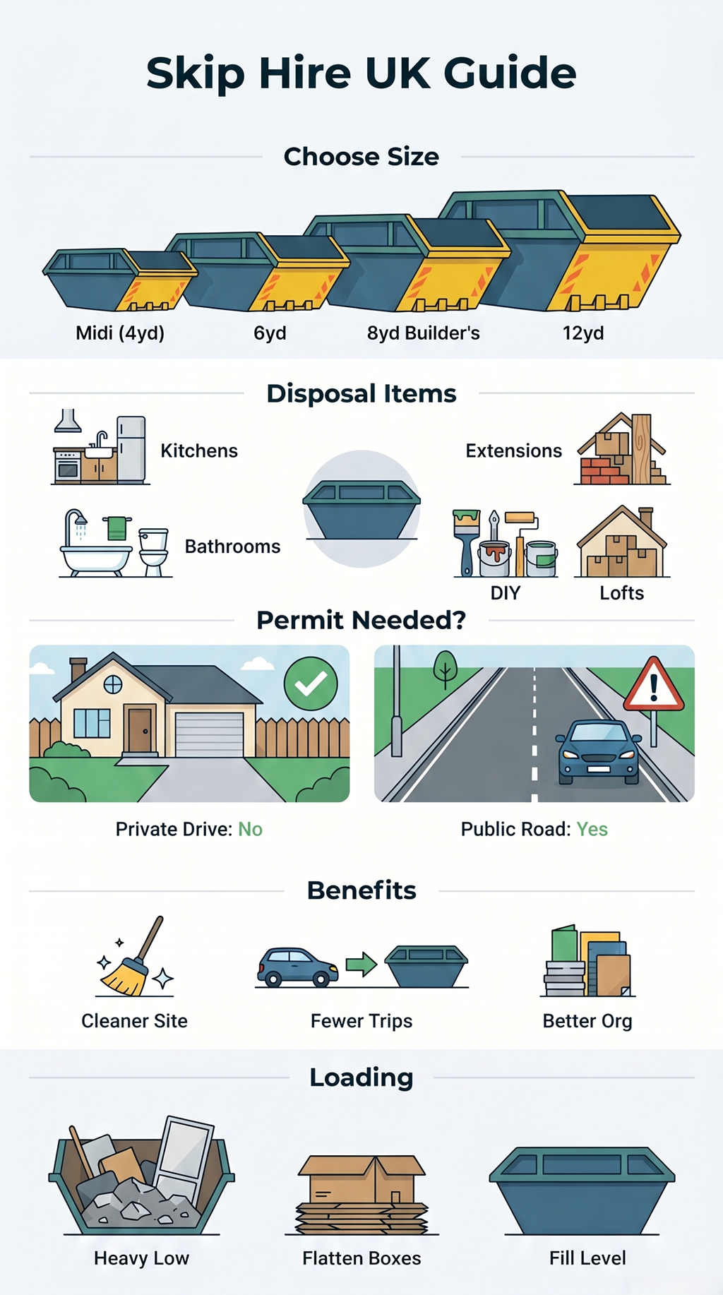 Infographic showing UK skip hire guide with skip sizes, disposal uses, permit rules, benefits, and correct loading tips.