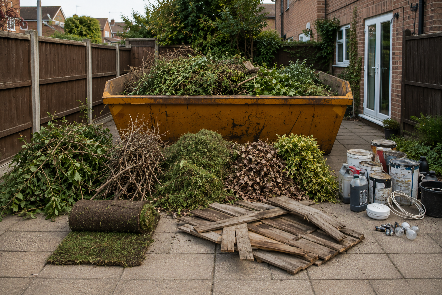 Garden waste suitable and unsuitable for skip hire during UK garden clearance.