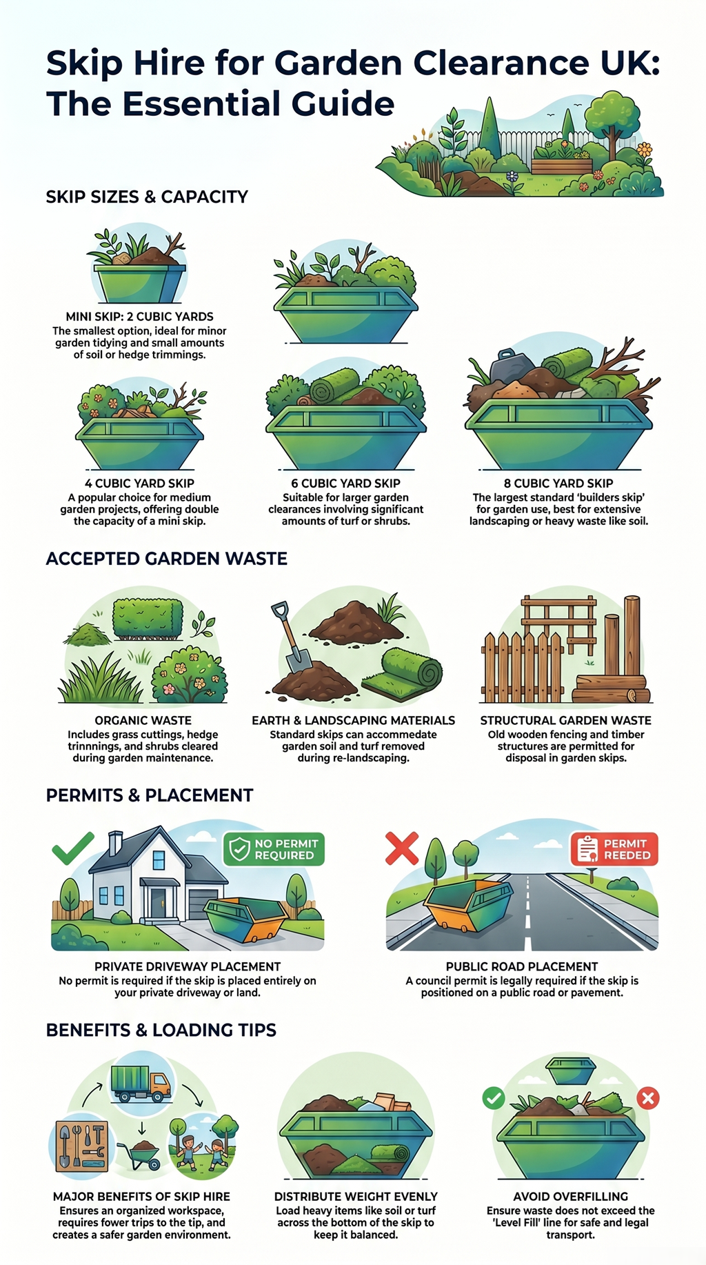Infographic showing UK garden clearance skip sizes, accepted waste types, permit rules for driveway vs road placement, and practical loading tips for safe skip hire.