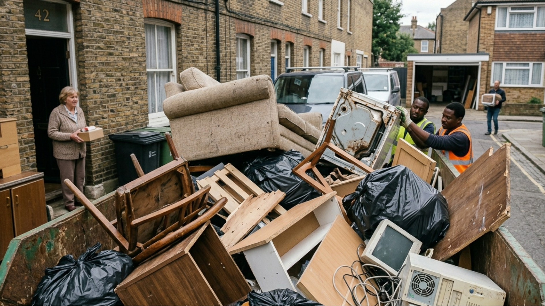 Workers loading bulky household waste and old furniture into a large skip on a residential street during a home clearance.