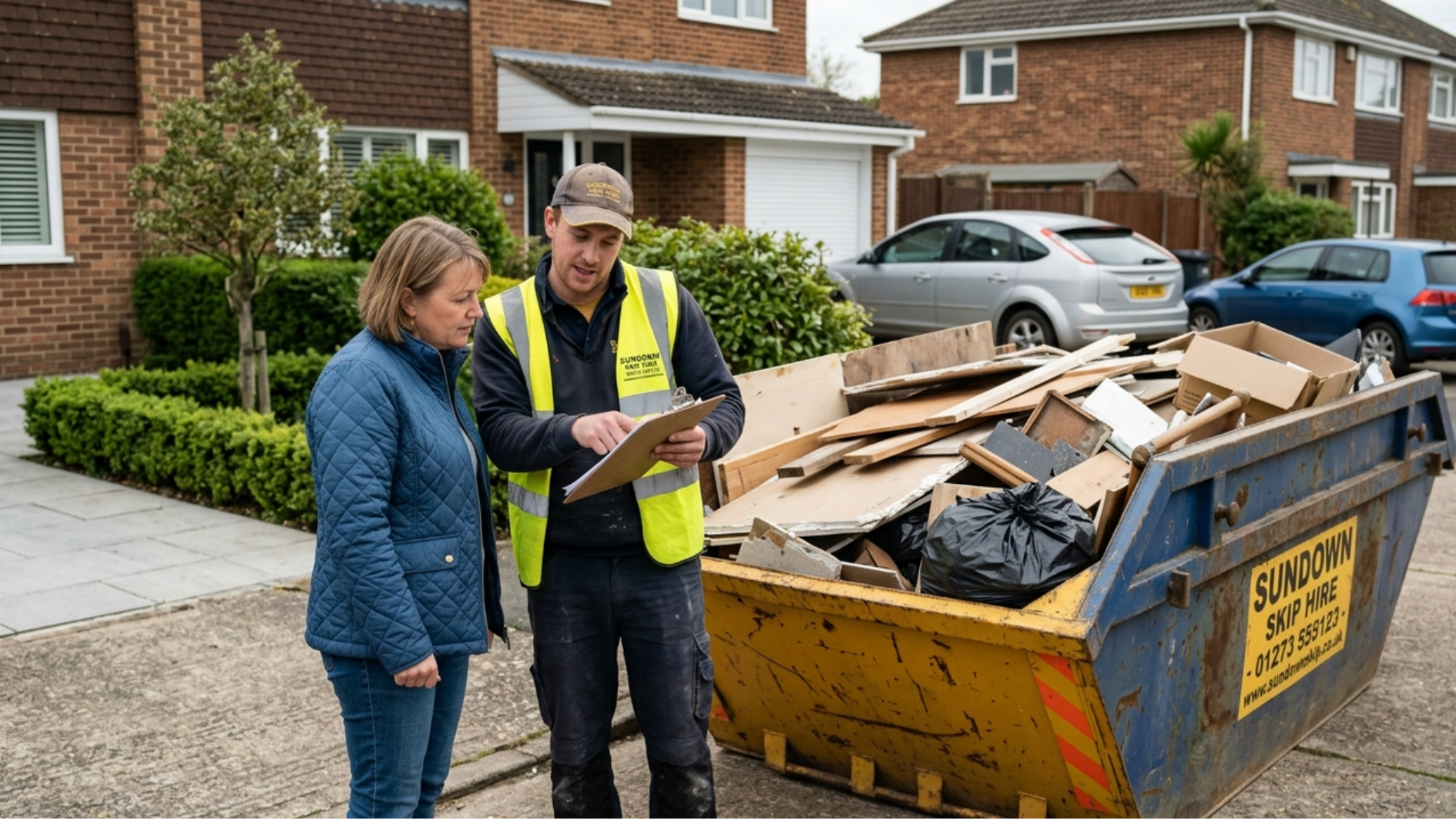Skip hire worker showing paperwork to a woman beside a filled construction skip outside suburban homes.