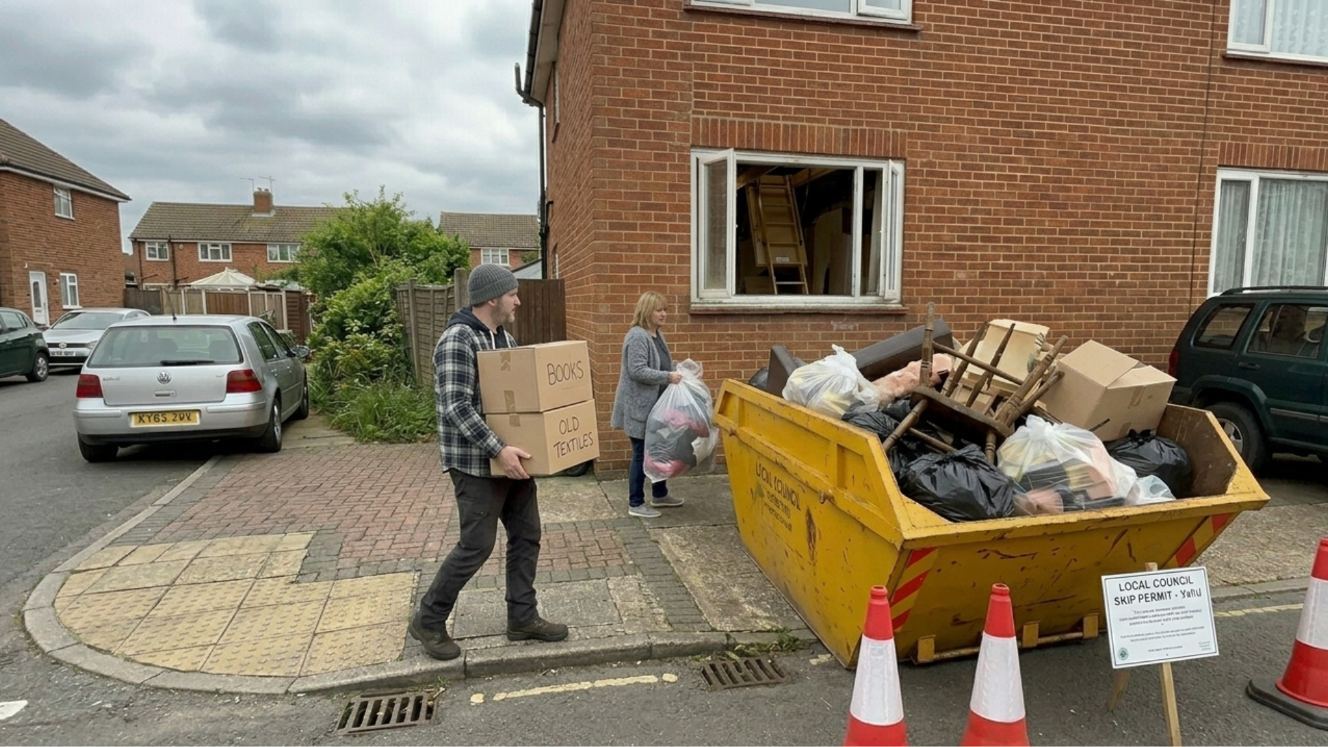 Family clearing household waste into roadside skip outside brick home, with council permit sign, traffic cones and moving boxes on suburban street.