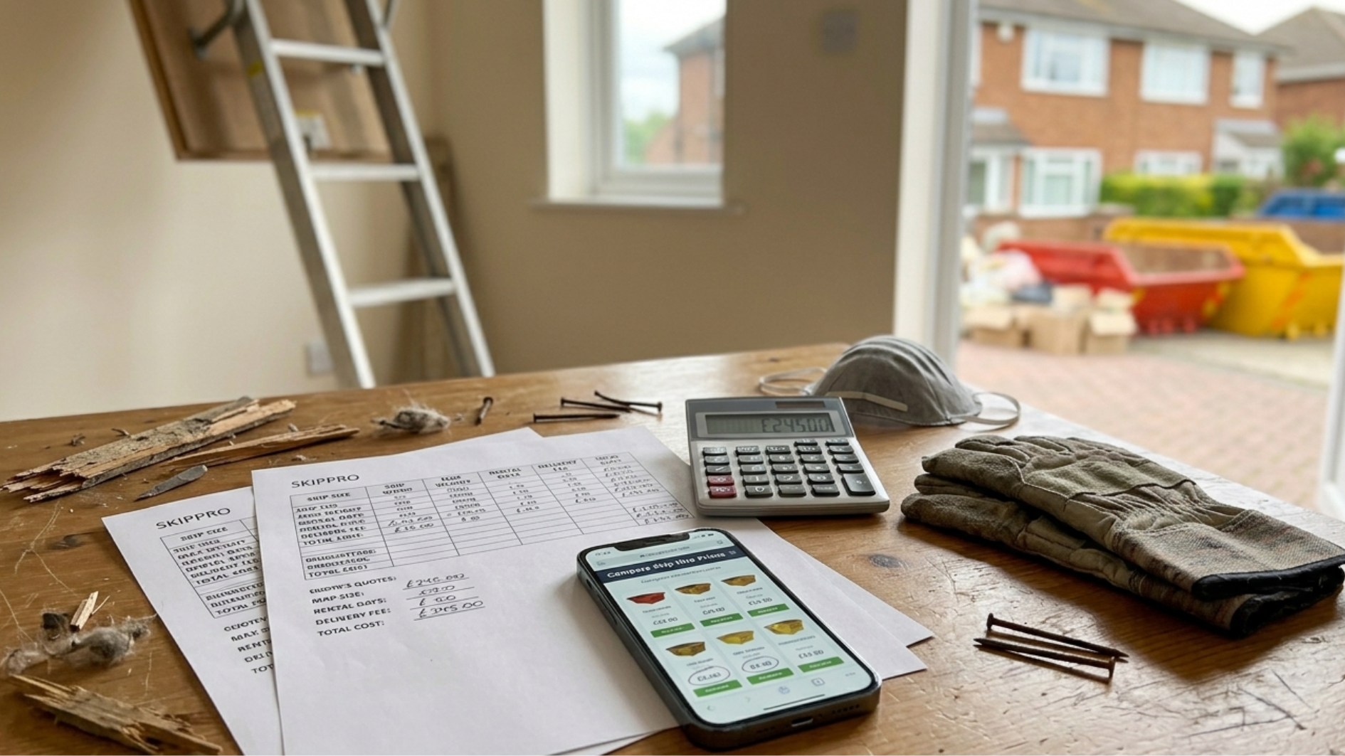 Renovation cost planning on wooden table with skip hire quotes, calculator, gloves and phone app, while skip bins sit outside suburban homes.
