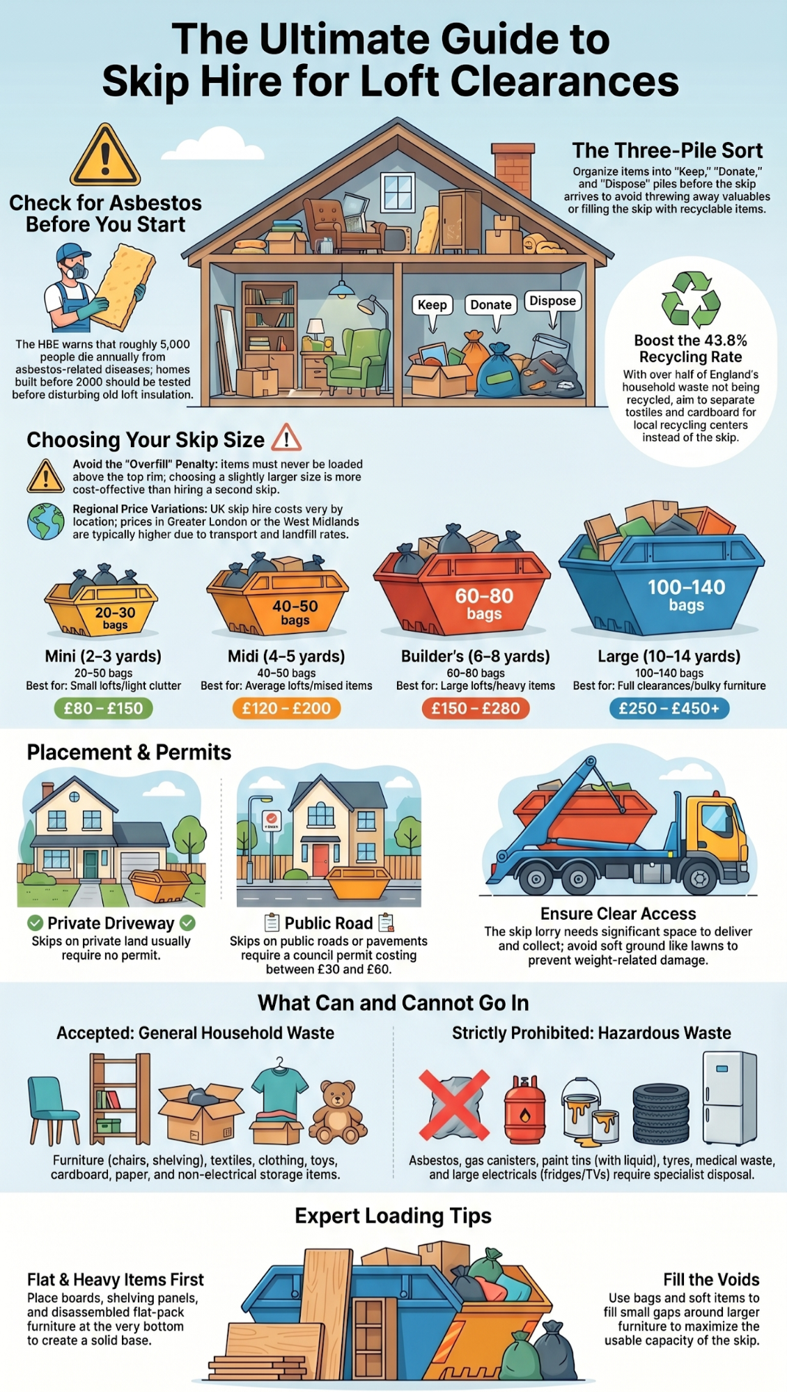 Infographic guide to skip hire for loft clearances covering skip sizes, recycling tips, permits, prohibited waste, and safe loading advice.