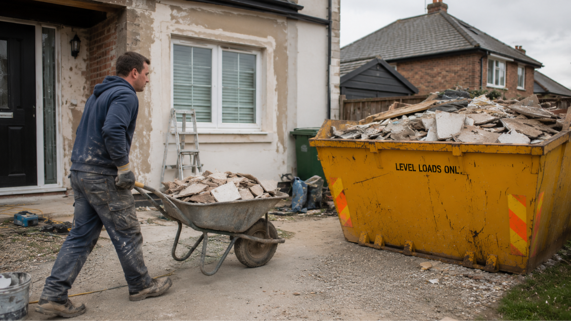 Builder pushing a wheelbarrow of renovation rubble toward a large yellow skip outside a partially renovated house on a residential street.