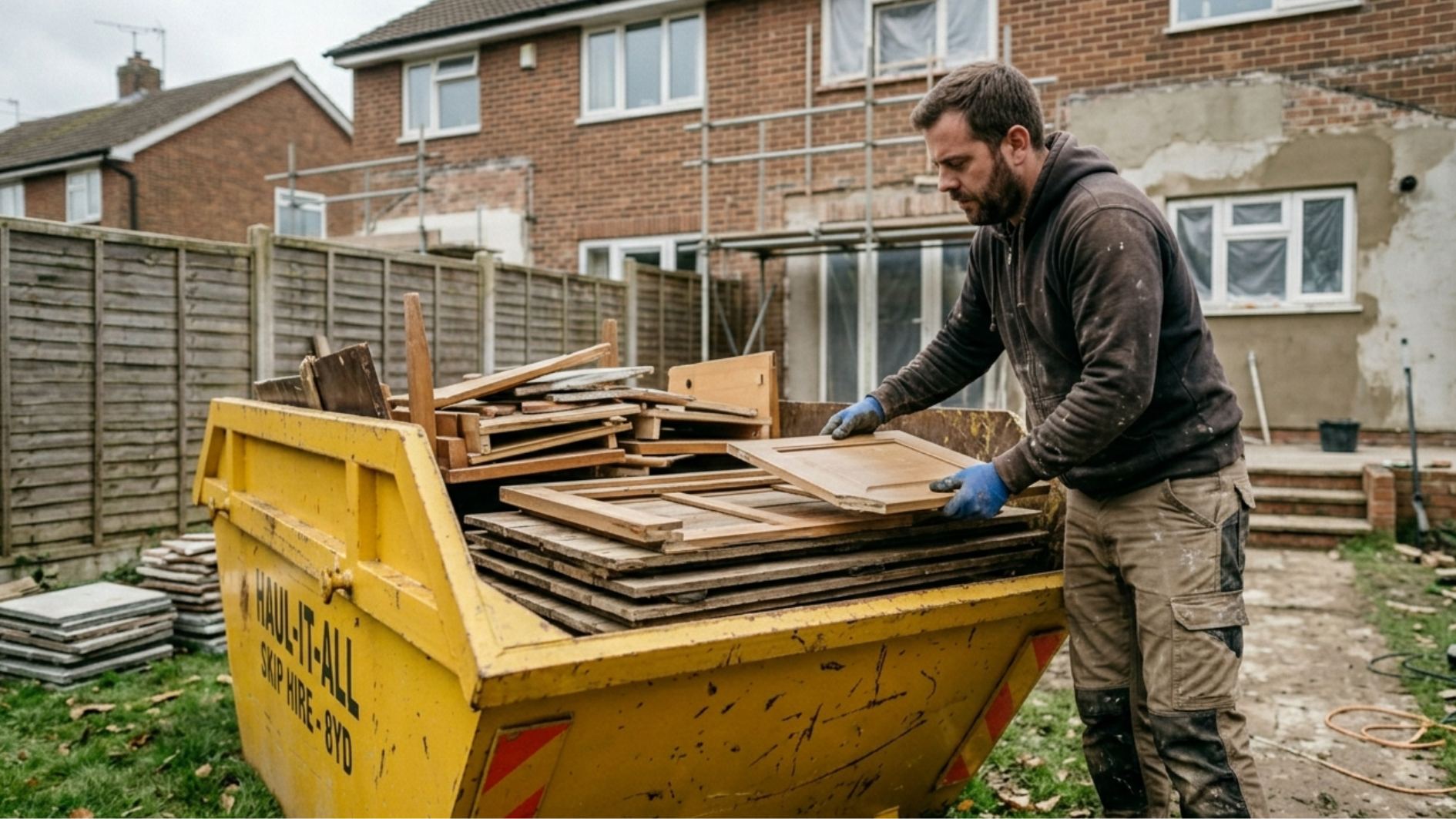 Man loading wooden renovation waste into a yellow skip outside a partially renovated home during a residential DIY construction project.