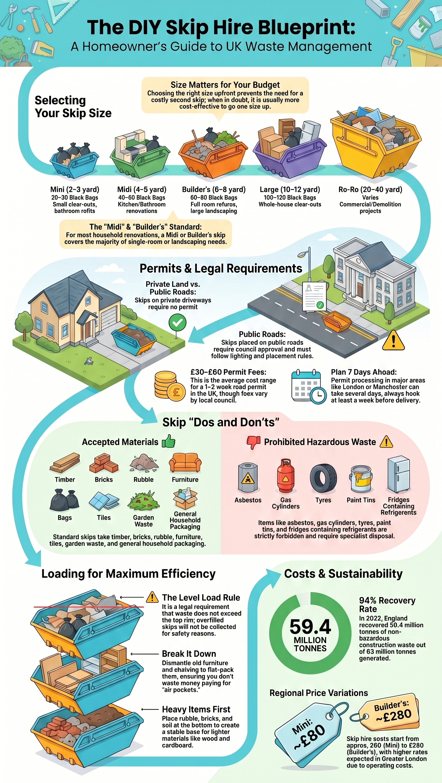 Infographic explaining UK skip hire basics, including skip sizes, permit rules, accepted waste, prohibited items, loading tips, and average costs.
