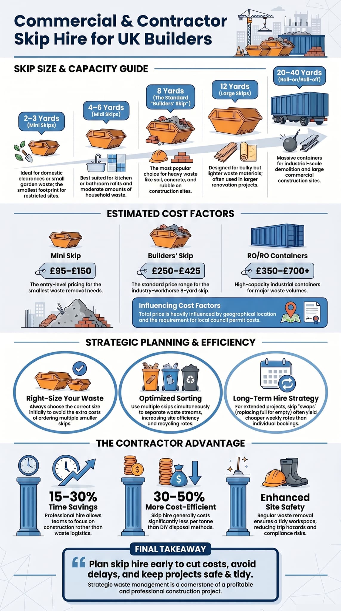 Commercial & contractor skip hire infographic covering UK skip sizes, cost factors, planning strategy, and contractor advantages.