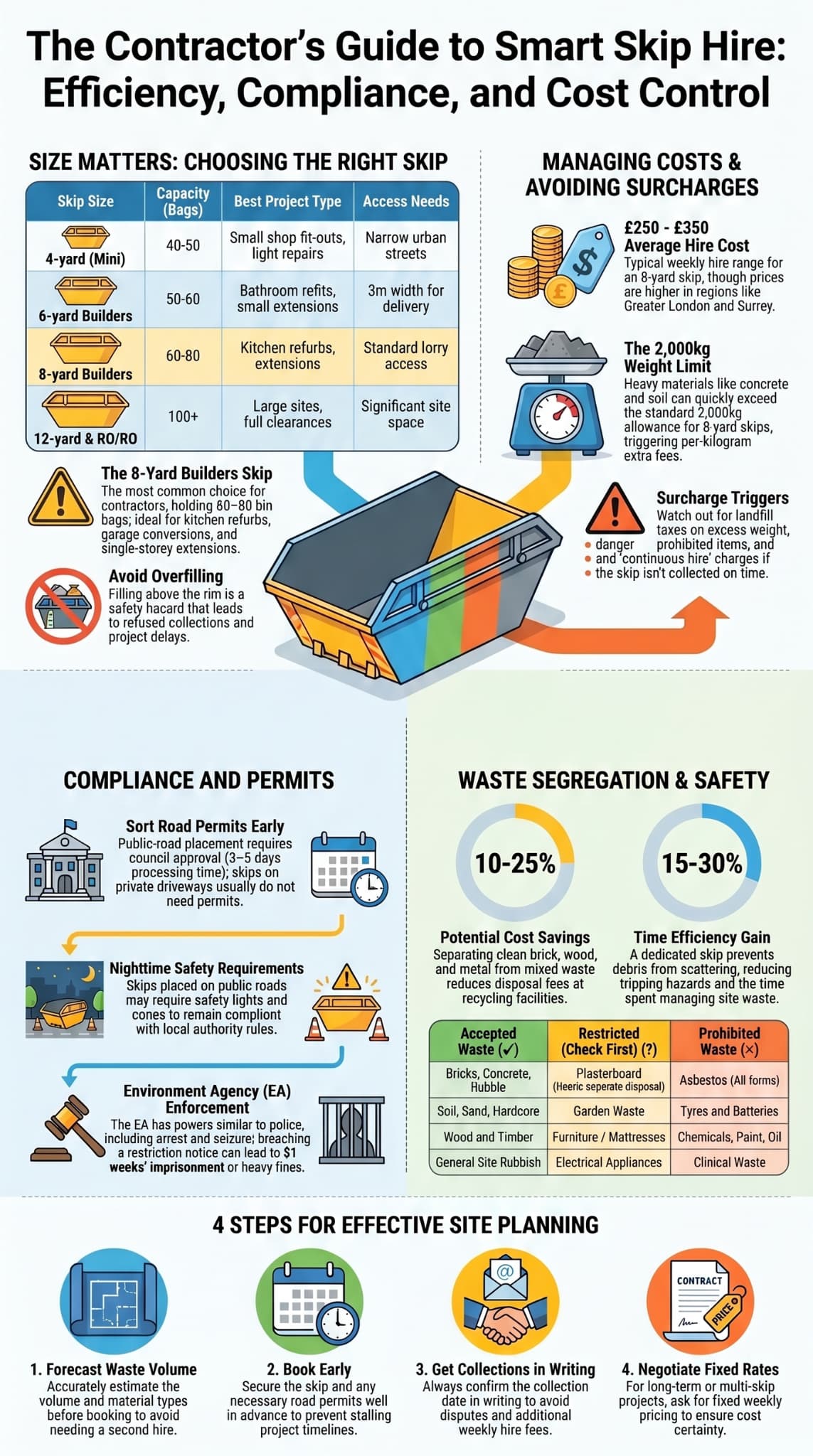 Skip hire for contractors projects guide covering sizes, cost control, compliance, waste segregation, and site planning.&nbsp;