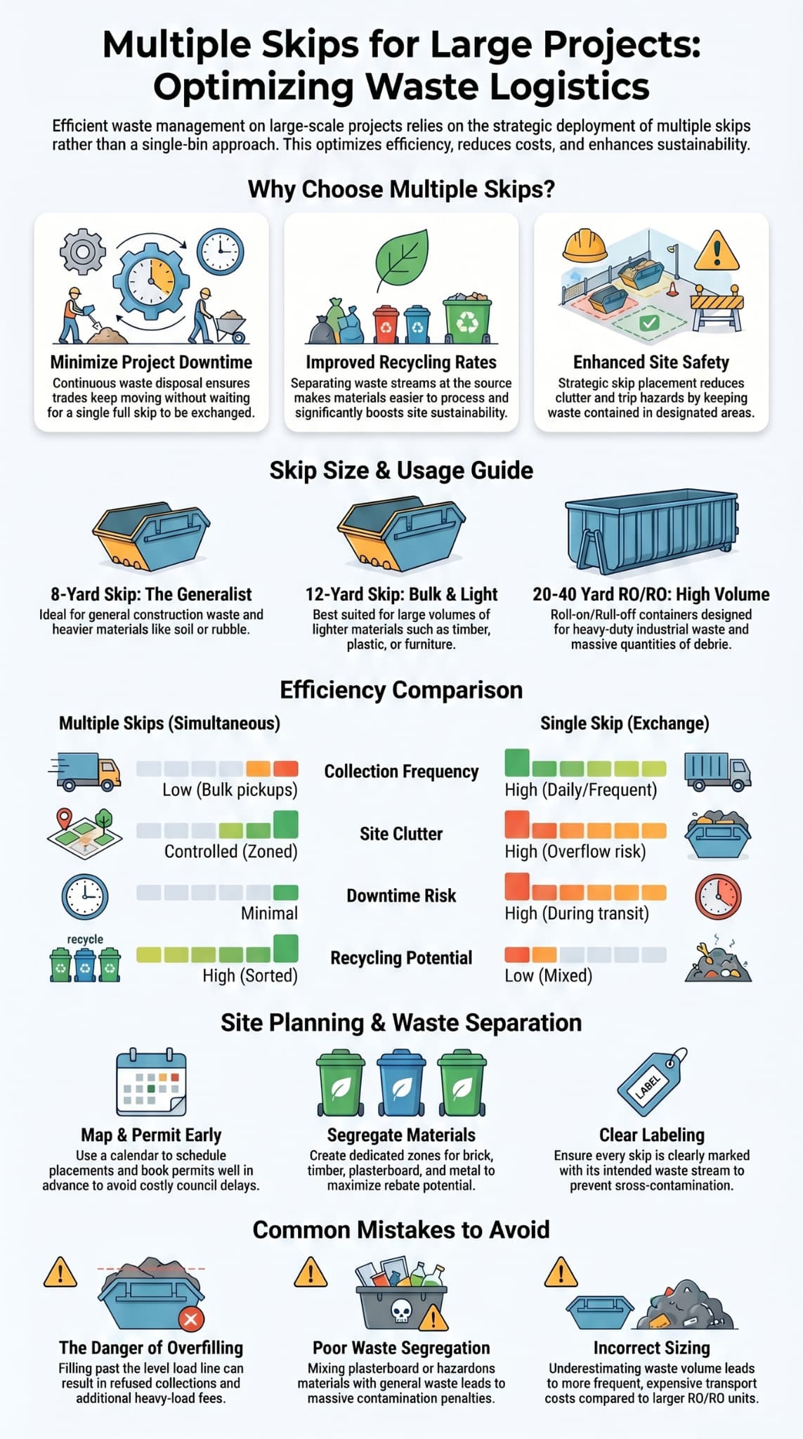 Multiple skips for large projects infographic covering benefits, size guide, efficiency comparison, and common mistakes.