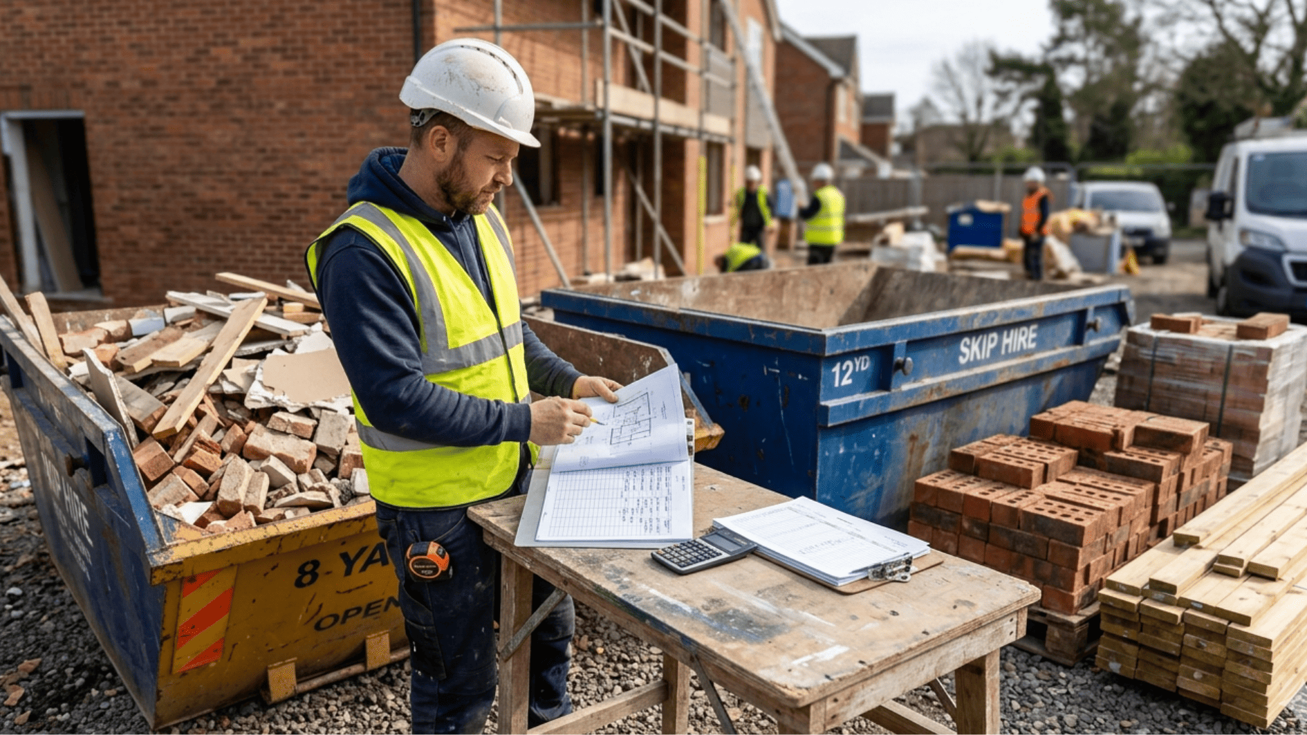 Construction site with multiple skip bins, building materials, and a contractor reviewing plans, illustrating waste management and skip hire for renovation projects.