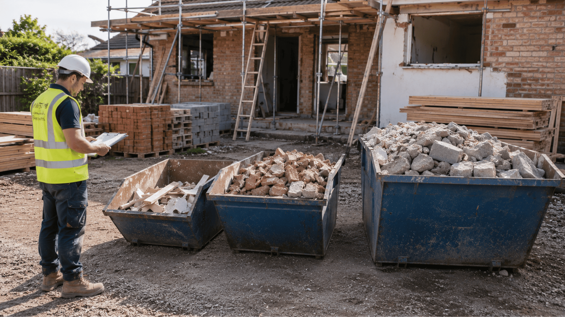 Construction site with multiple skip bins sorting brick, concrete, and mixed waste, while a contractor inspects materials during a building renovation project.