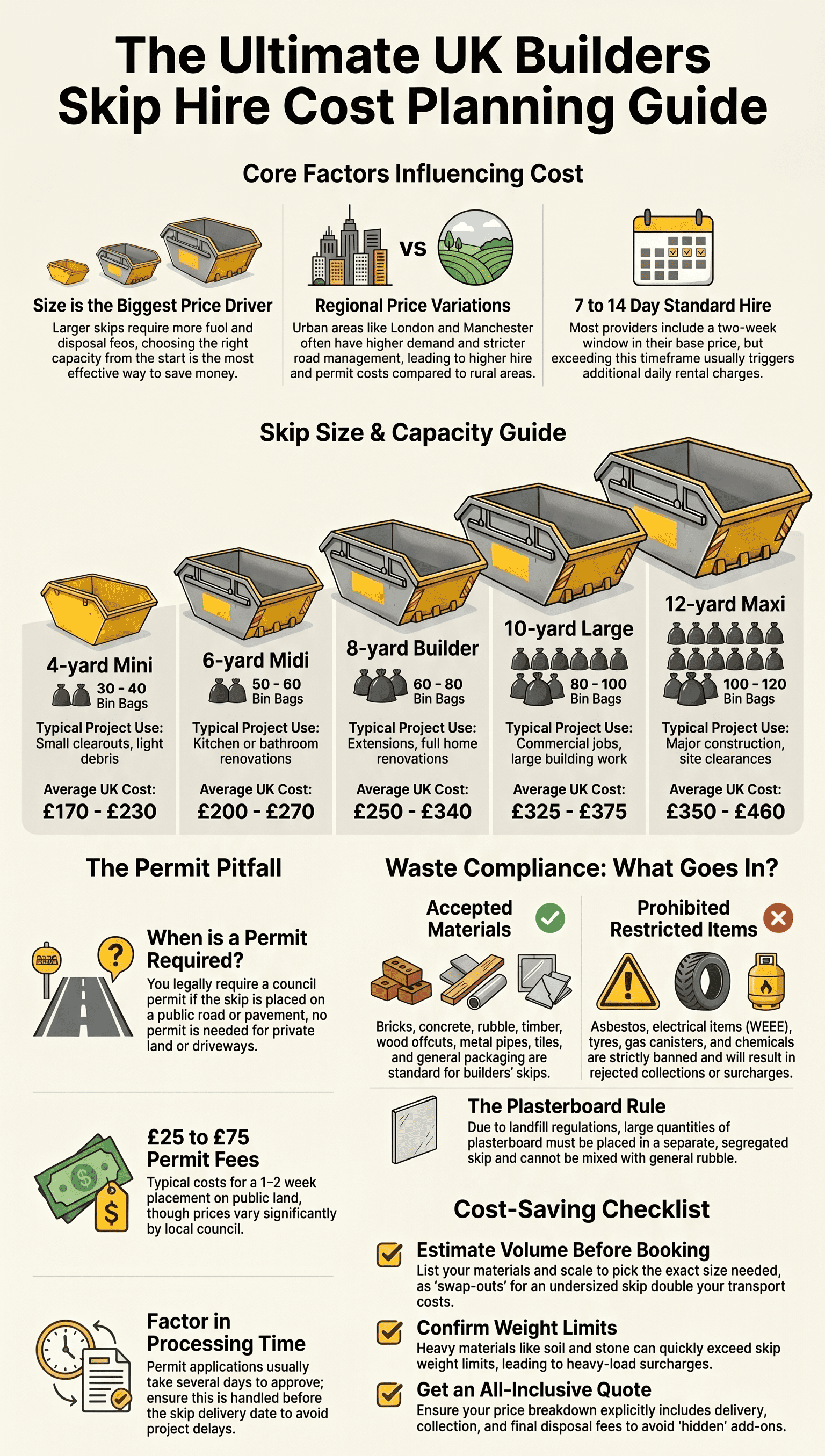 Infographic presenting a UK builders skip hire cost planning guide, covering pricing factors, skip sizes, permit requirements, accepted and prohibited waste, and budgeting tips.