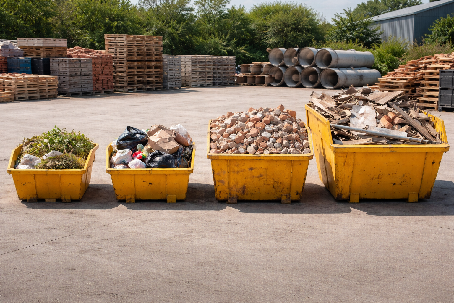 Different skip sizes in the UK showing mini midi builder and large skips filled with various waste types.