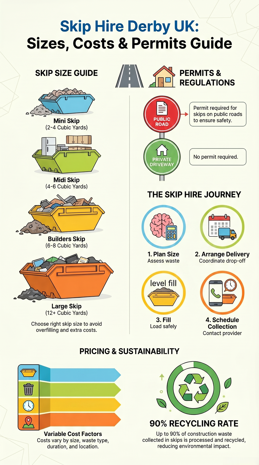 Infographic explaining skip hire sizes, permits, costs, process, and recycling information for residential waste projects in Derby, UK.