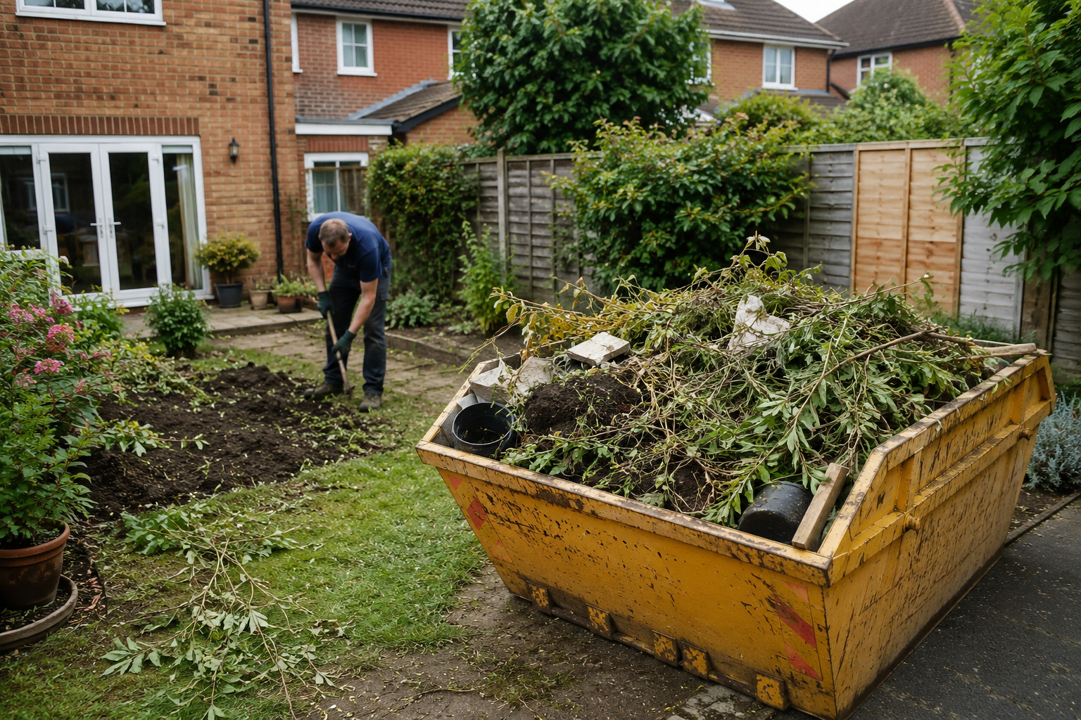 A skip filled with garden waste including branches and soil during a backyard clearance at a residential property.