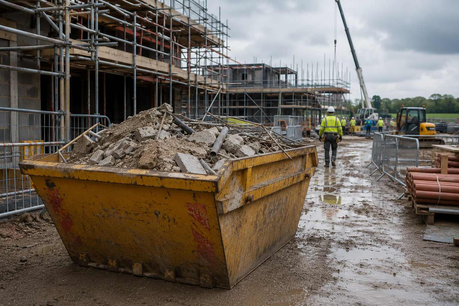 Large skip container filled with construction debris on a commercial building site with workers in the background.