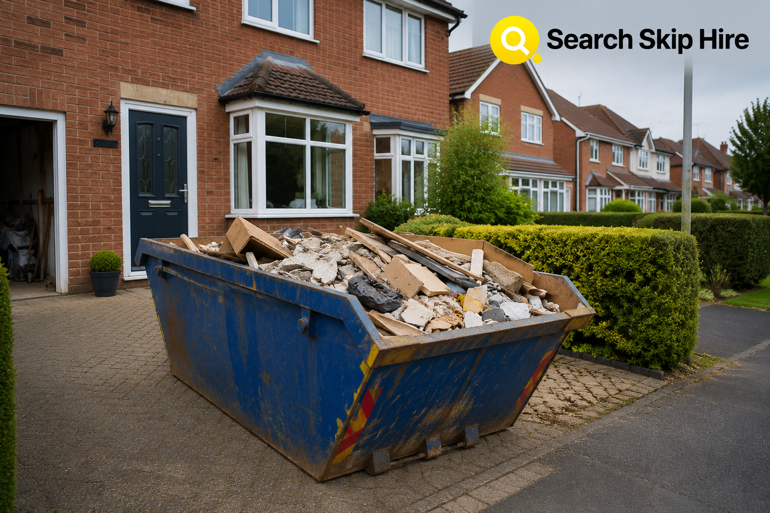 Skip hire container on a residential driveway in Lincoln UK used for home renovation waste disposal.