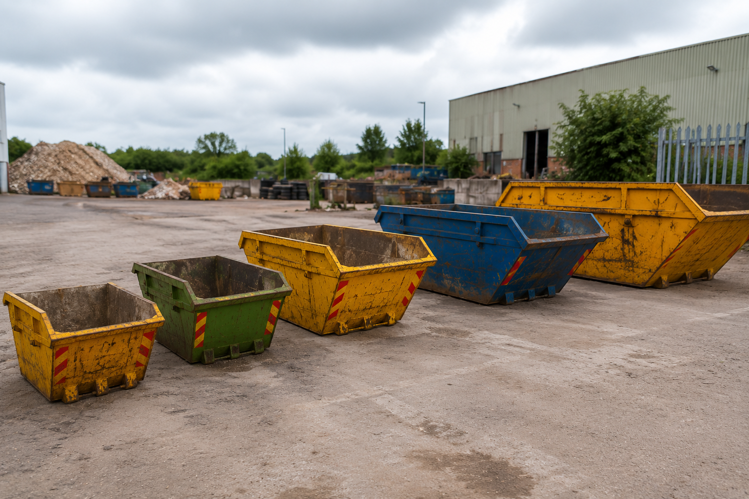 Different skip sizes displayed side by side for comparison at a waste management facility in the UK.