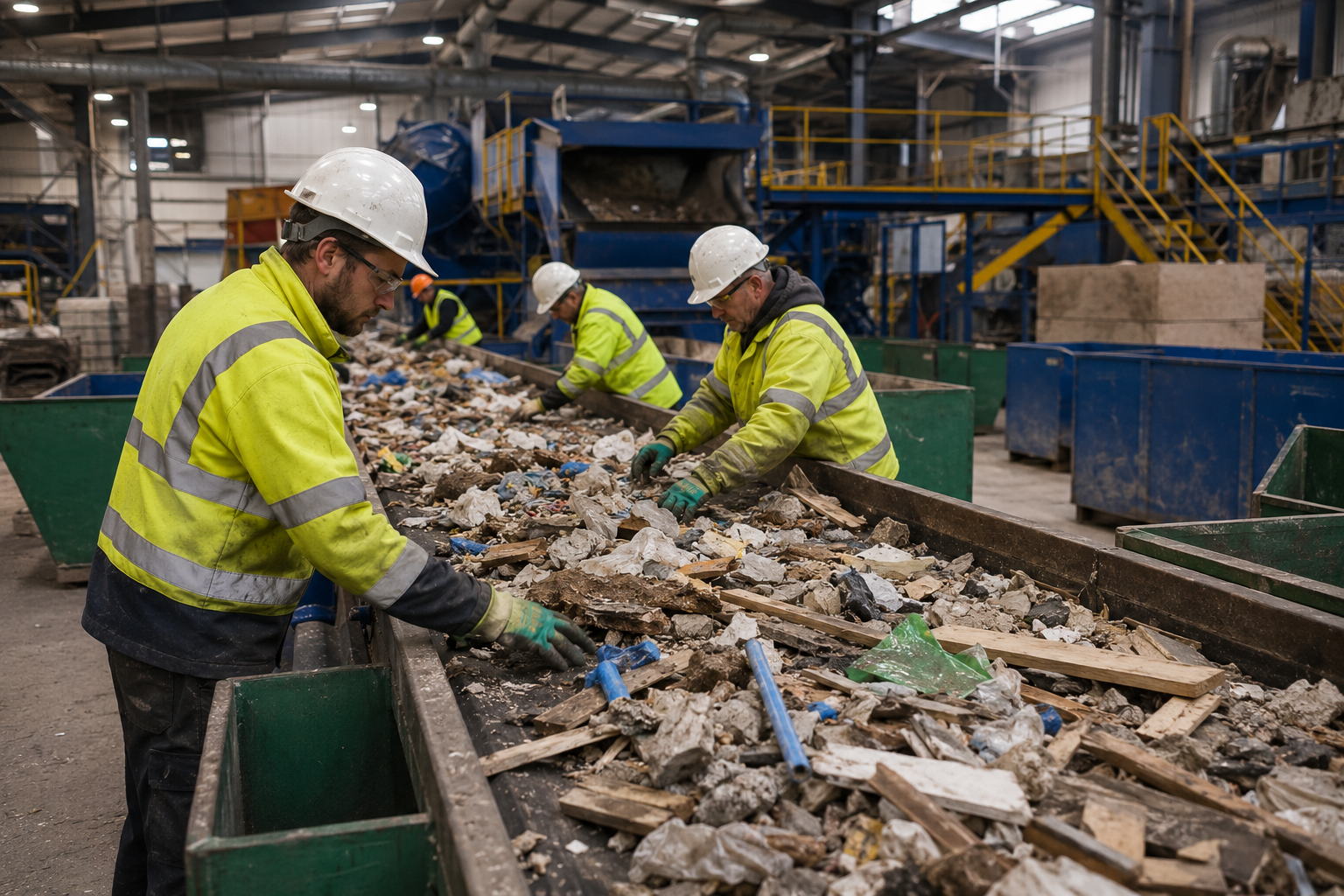 Waste being sorted for recycling at a UK waste management facility with construction and household materials.