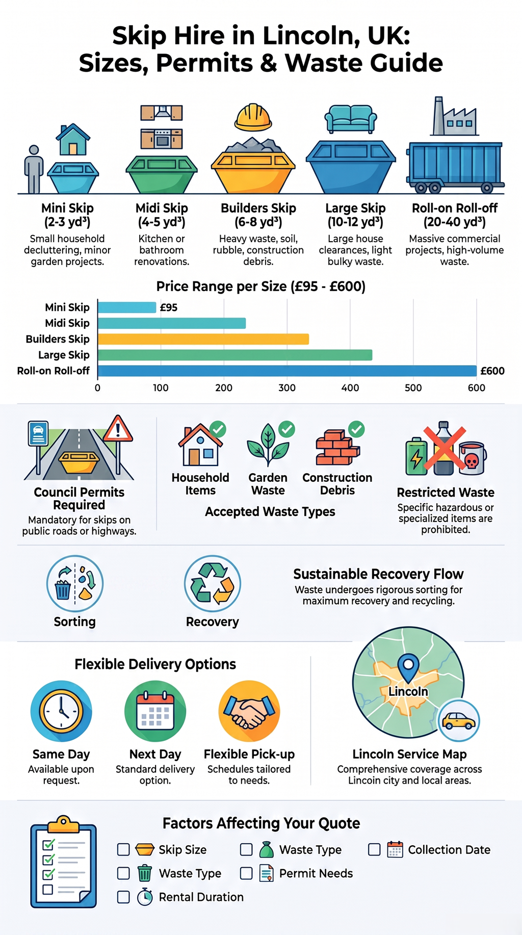 Infographic showing skip sizes, permits, accepted waste types, and disposal process for skip hire services in Lincoln, UK.