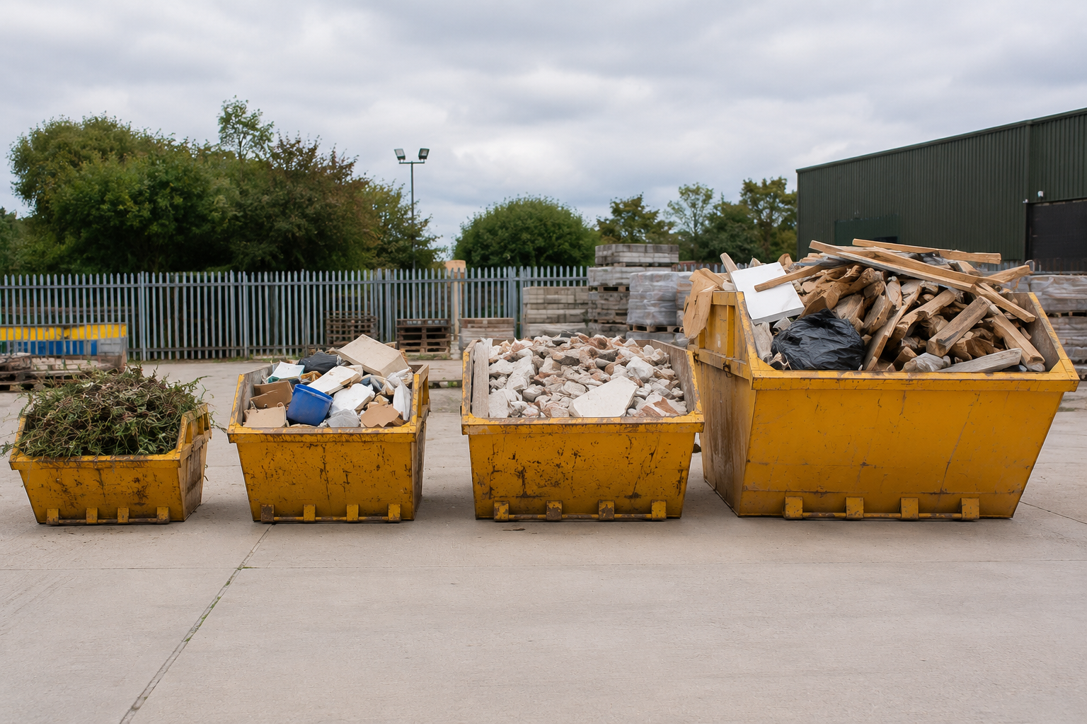Different skip sizes shown side by side in the UK illustrating options for household and construction waste removal.