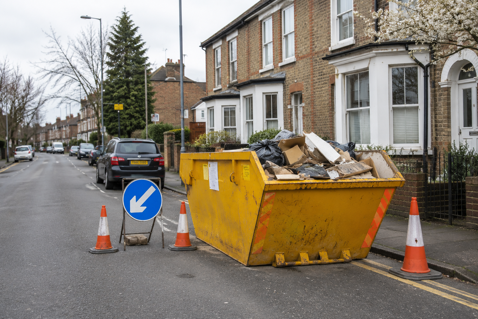 Skip placed on a public road in Cambridge UK showing typical permit-required skip hire setup.