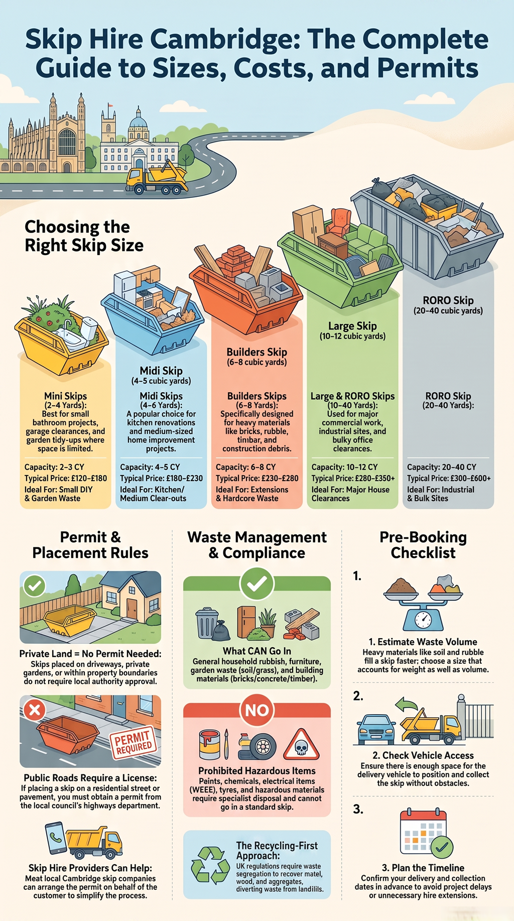 Infographic showing skip hire sizes, costs, permits, and waste rules in Cambridge, UK, with illustrated skips and guidance sections.