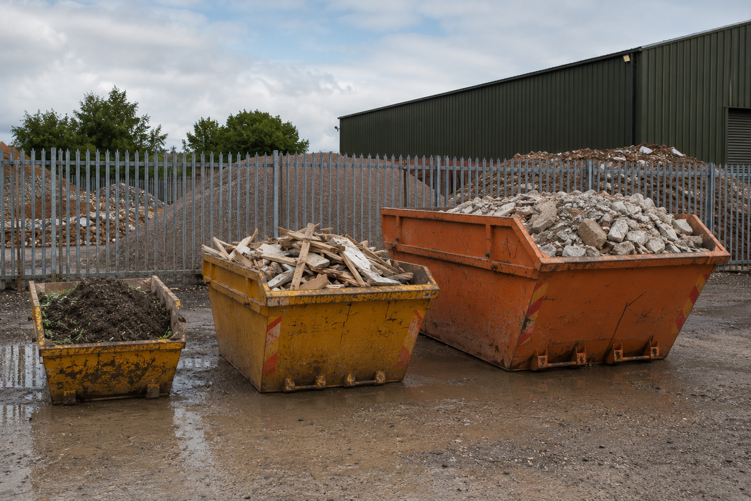 Different skip sizes displayed side by side showing variation in capacity for waste removal projects.