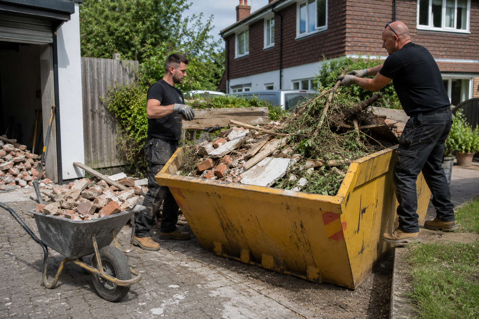 Workers loading garden and construction waste into a skip at a residential property.