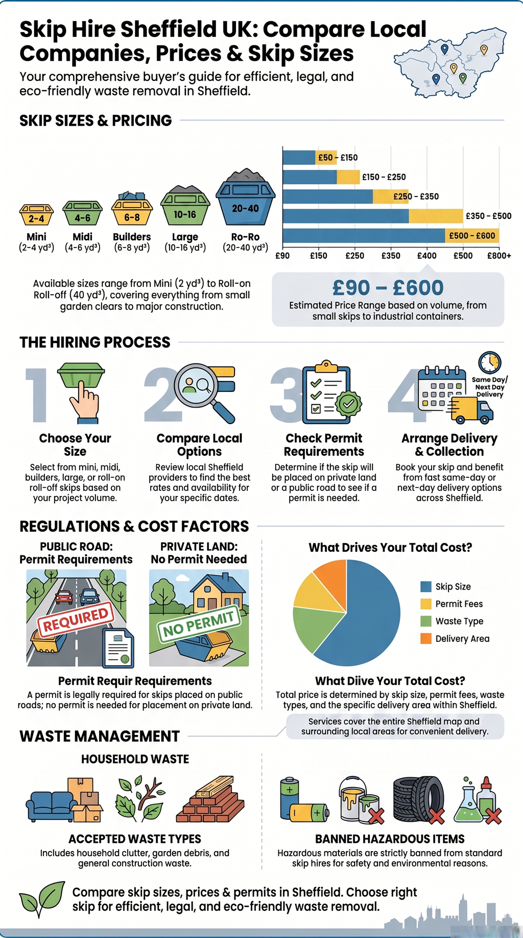 Infographic comparing skip sizes, prices, permits, and waste rules for skip hire services in Sheffield, UK.