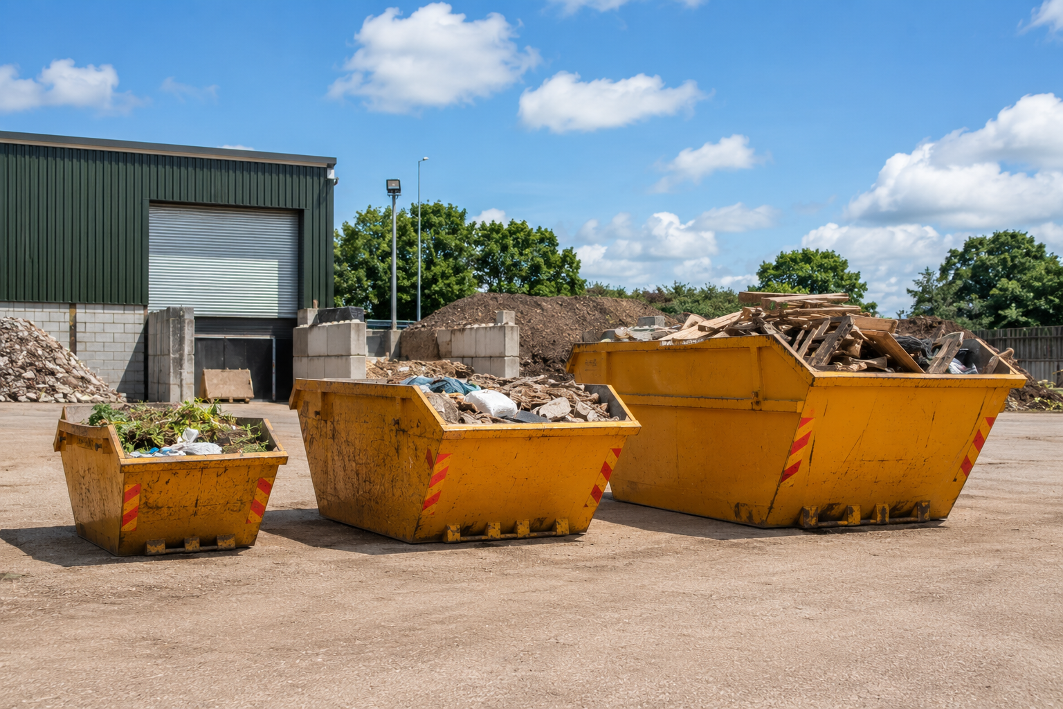 Different skip sizes displayed side by side at a skip hire yard in Kent UK.