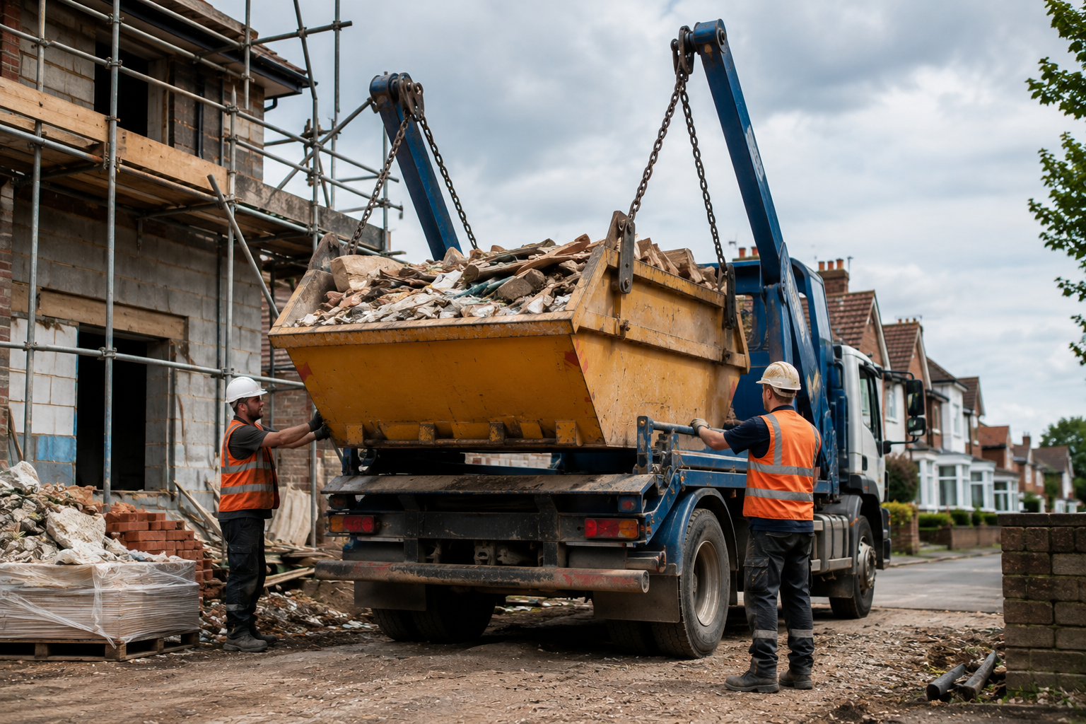 Skip lorry collecting a filled skip from a construction site in Kent UK with renovation waste.