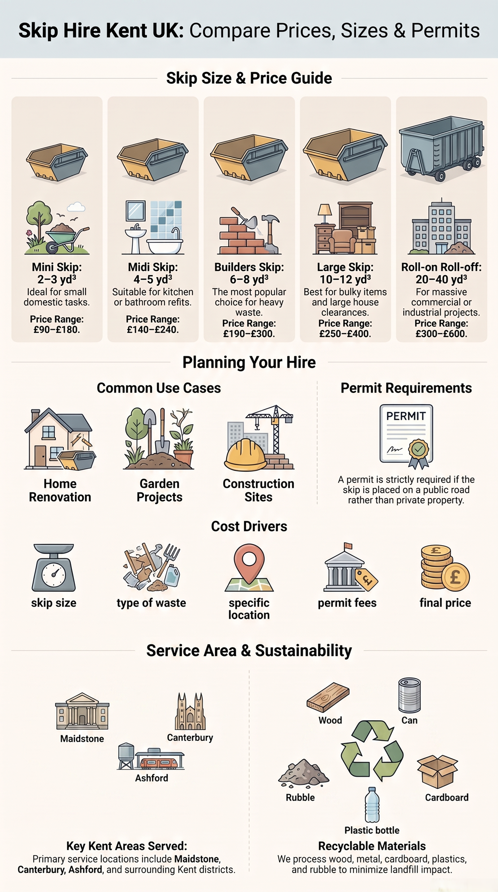 Infographic showing Kent skip hire sizes, prices, permits, use cases, cost factors, service areas, and recyclable materials.