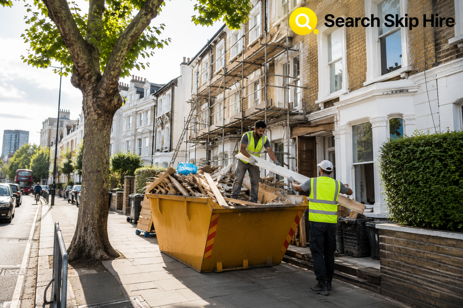 Skip hire skip bin placed outside a London home renovation site with workers loading construction waste into the container.