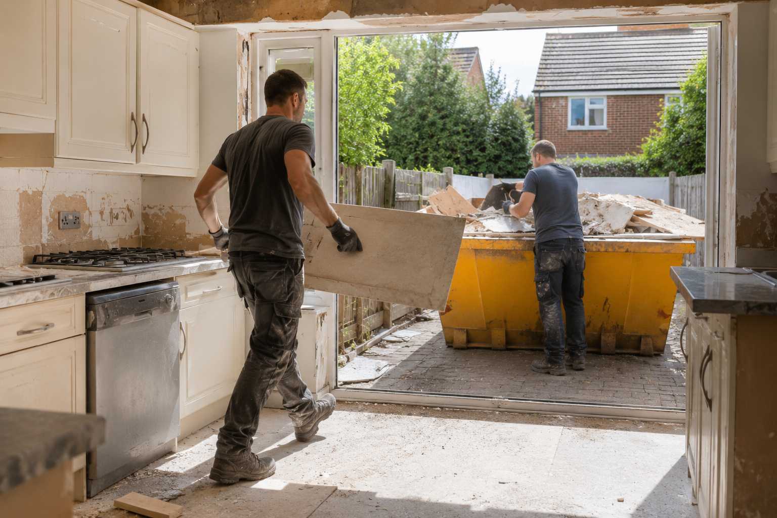 Home renovation waste being moved from a kitchen remodel into a skip outside the property.