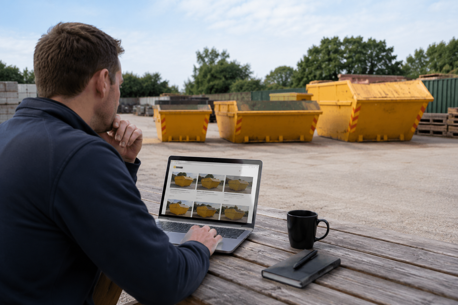 Person comparing local skip hire companies online while skips are visible in the background yard.