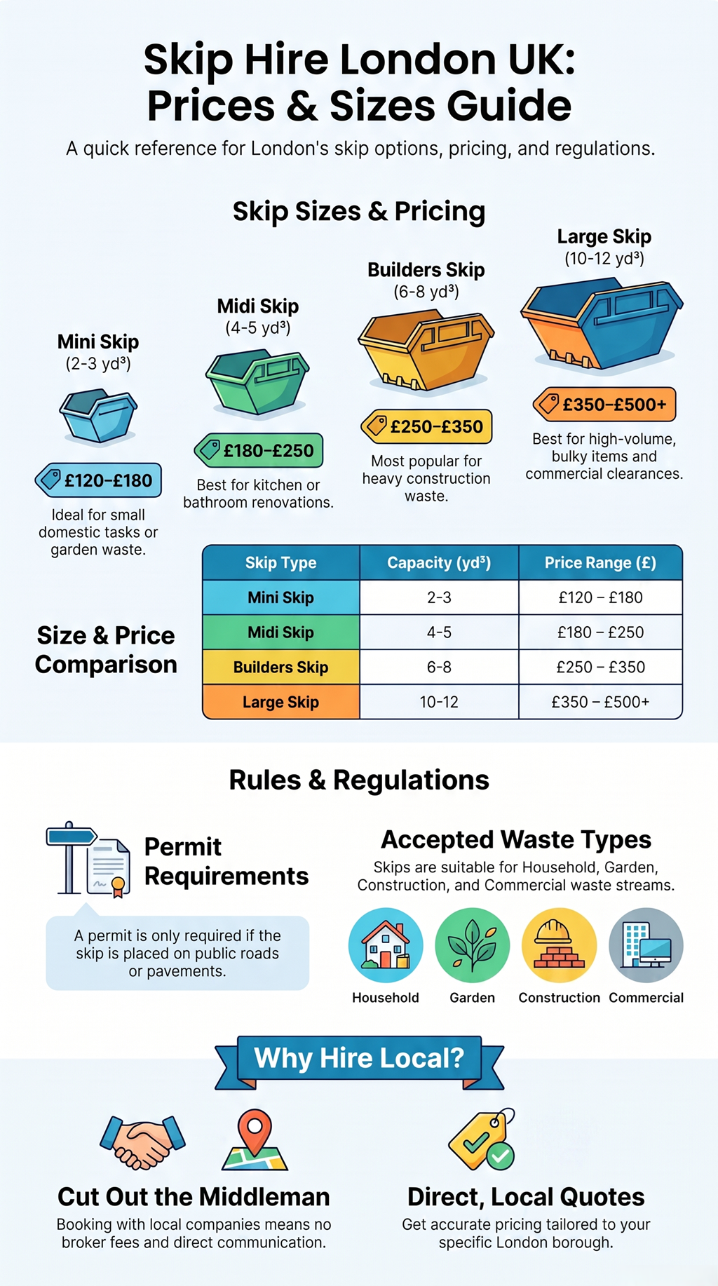 Skip hire prices and sizes guide for London UK, comparing mini, midi, builders, and large skips with permit rules.