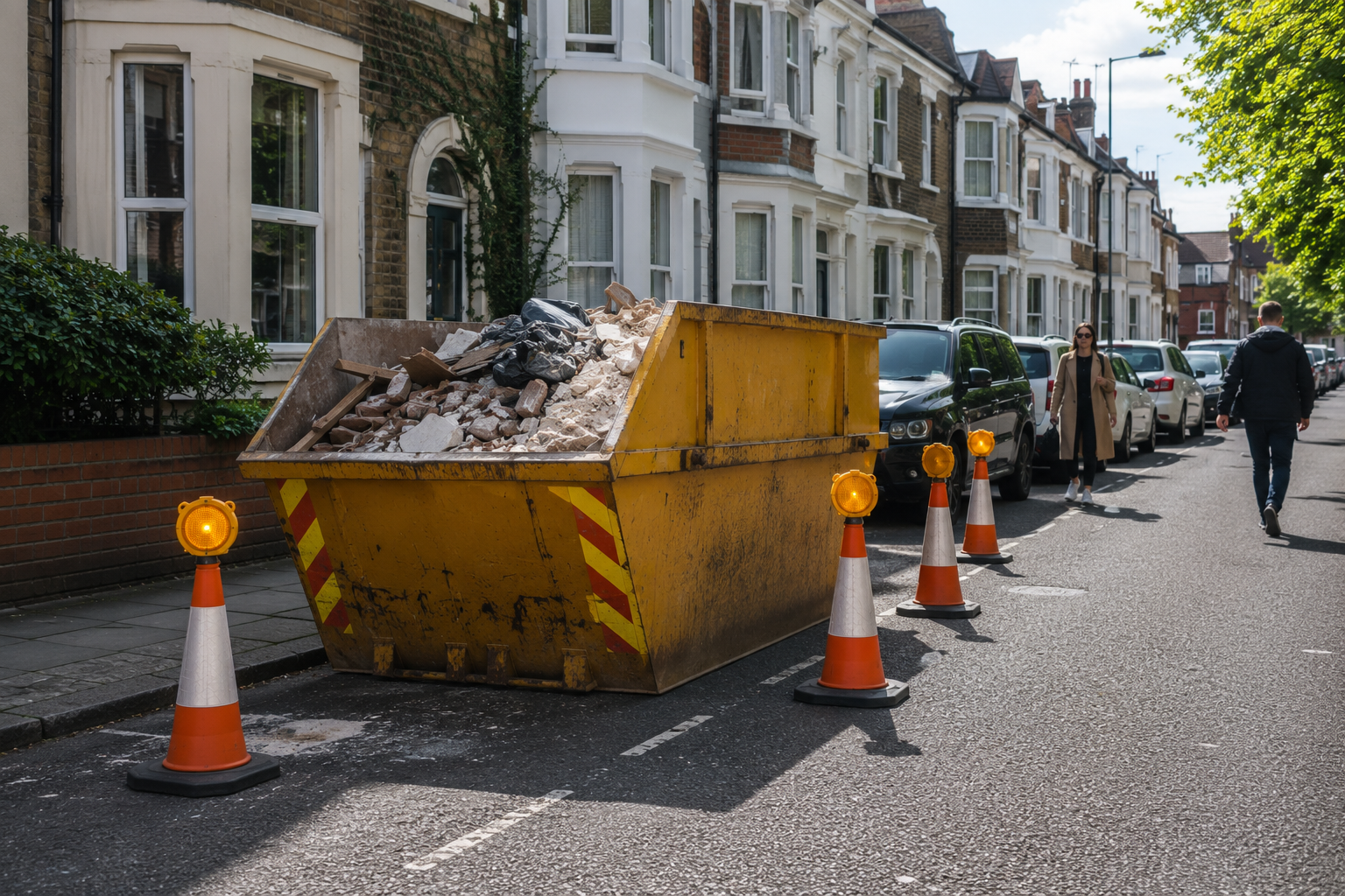 Skip placed safely on a public road in the UK following local permit and safety requirements.