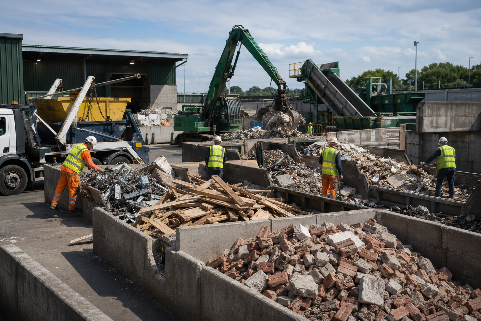 Construction waste being sorted at a licensed recycling facility after skip collection.
