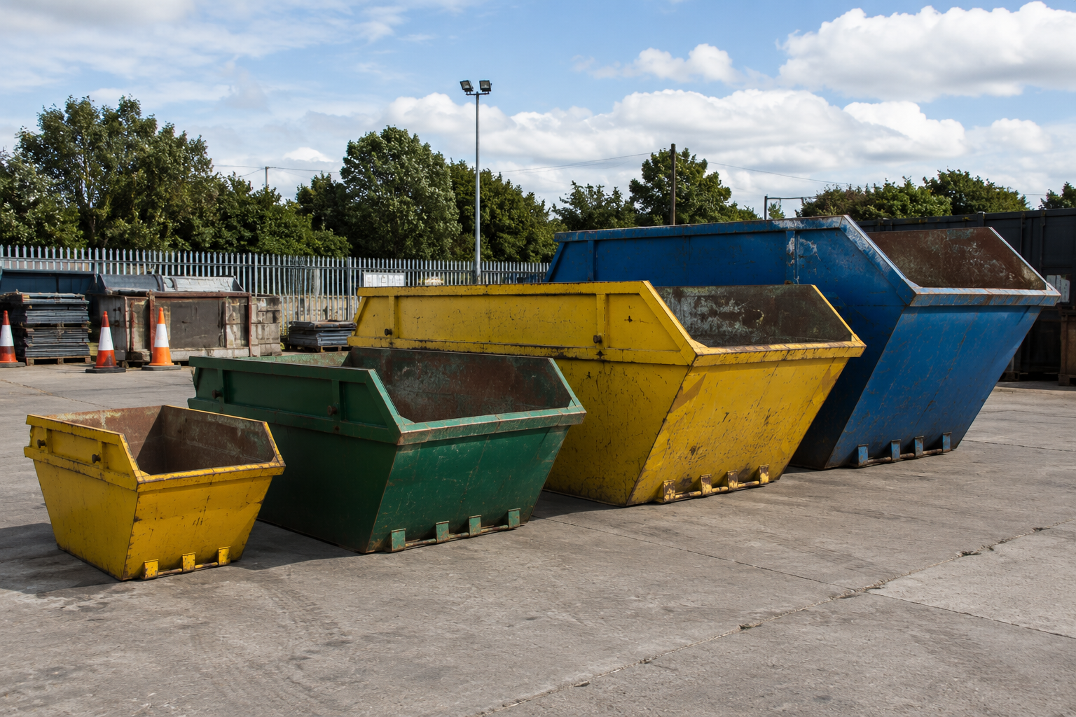 Row of different skip sizes including mini and builders skips in a UK depot yard.